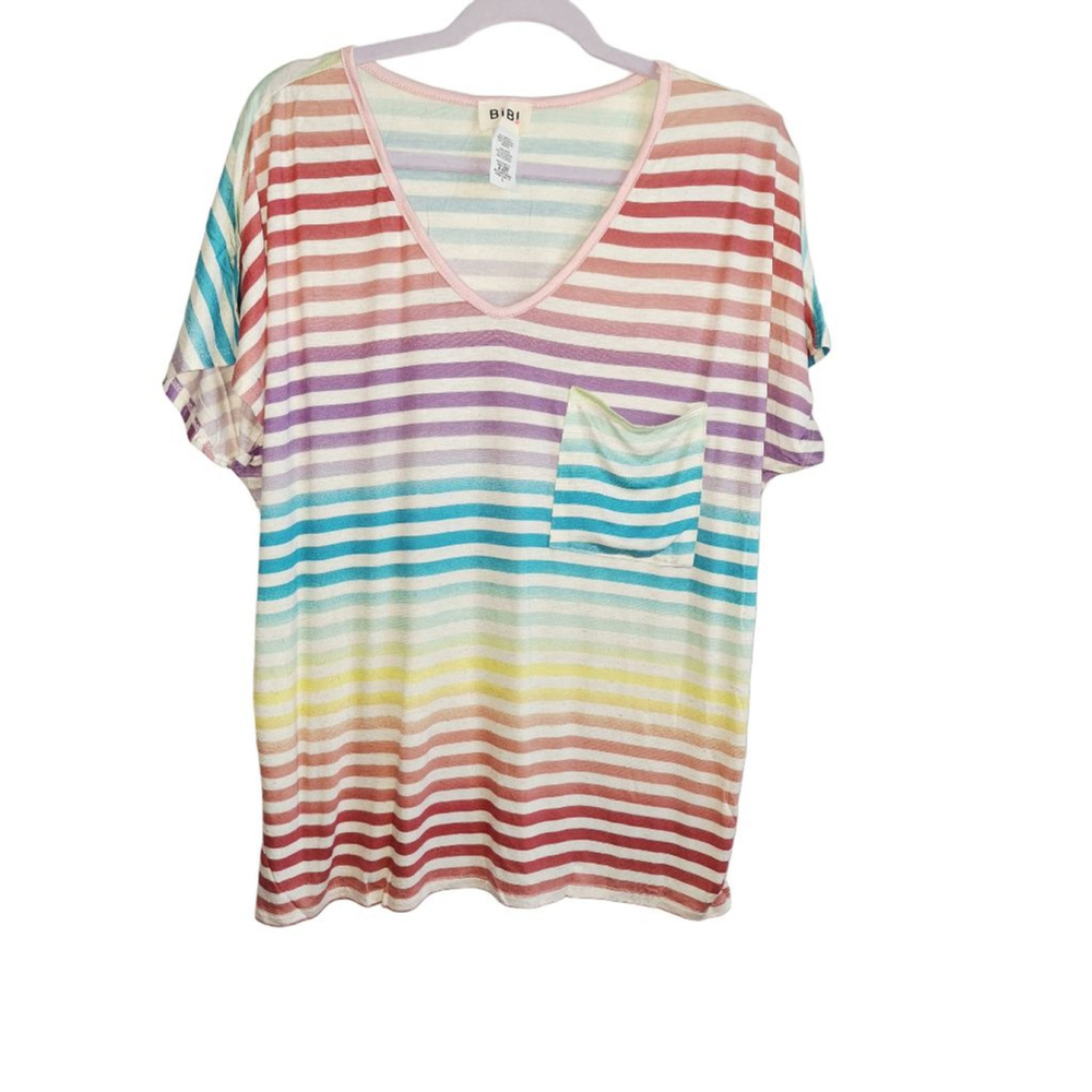 BiBi Rainbow Stripe Short Sleeve V-Neck Tee L Multi-color nwt coastal beach